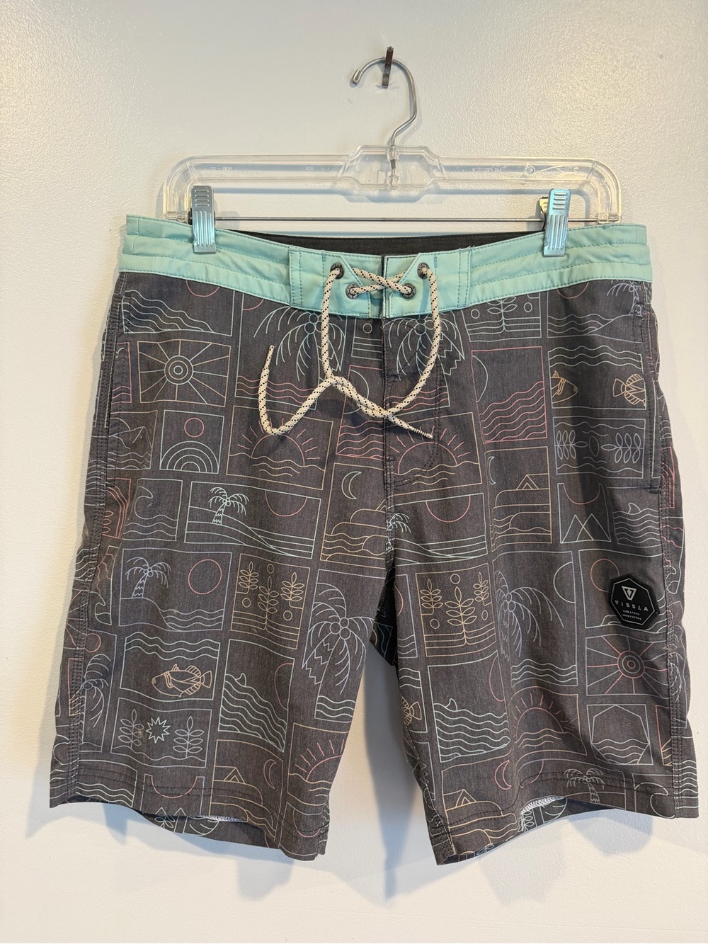 VISSLA. Men’s Gray Graphic Swim Trunks with Mint Waistband.